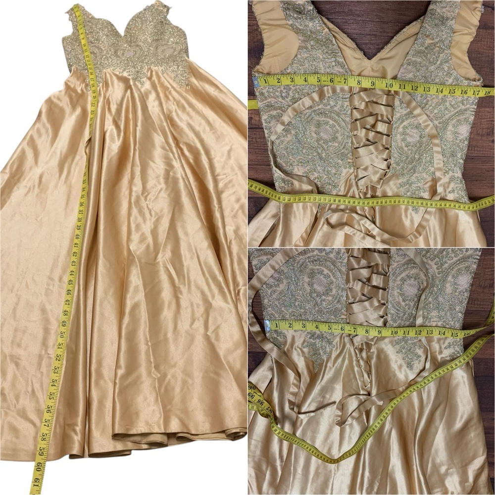 Elegant Golden Evening Dress Lace Party Women’s Size M Maxi Dress V Neck - Picture 7 of 10
